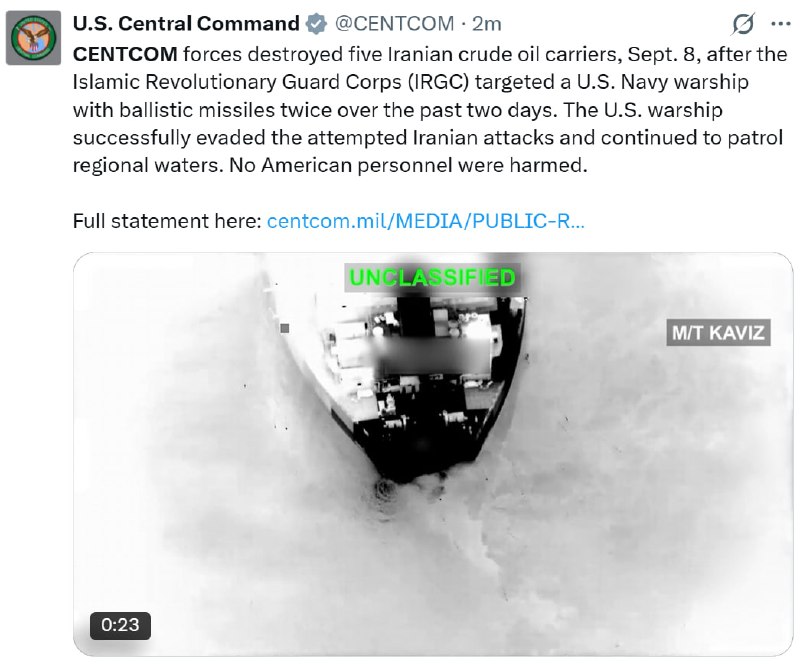 JUST IN - U.S. military says it attacked and destroyed five Iranian crude oil carriers today.@disclosetv