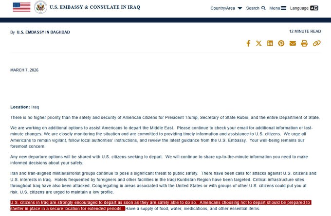 JUST IN - U.S. State Department releases security alert for Iraq 