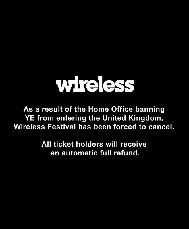 JUST IN - UK's Wireless Festival is cancelled.MORE - Promoter of Wireless, Festival Republic, says in a statement, 