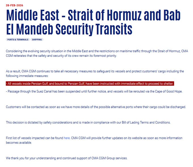 JUST IN – The world's third-largest container shipping company, CMA CGM, issues a statement instructing its vessels in the Gulf to 