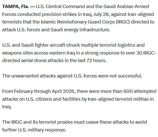 JUST IN - U.S. and Saudi Arabian Armed Forces conduct strikes in Iraq in response to 