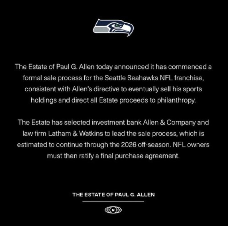 NEW - Paul Allen Estate announces it has formally started the sale of Seattle Seahawks.@disclosetv
