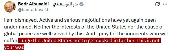 JUST IN – Oman's FM, who was mediating between the U.S. and Iran before the attacks, urges the U.S. to 