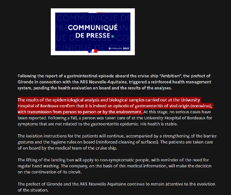 JUST IN - France confirms Norovirus has caused the gastrointestinal sickness onboard the 