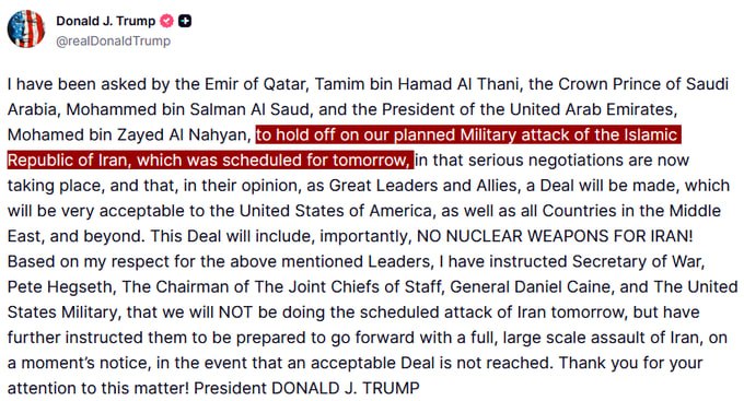 JUST IN - Trump says that after UAE, Saudi Arabia and Qatar asked him, he has agreed to hold off on the 