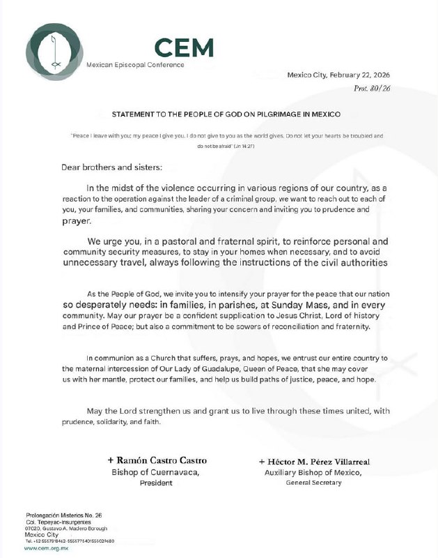JUST IN - Mexico's Catholic Bishops urge 