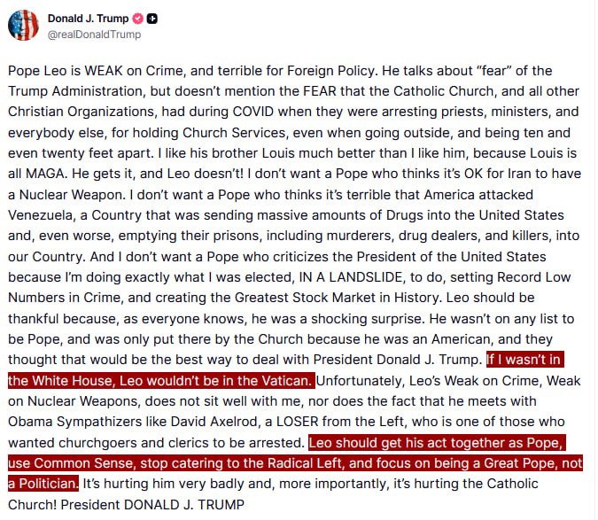 JUST IN - Trump criticizes Pope Leo XIV says, 