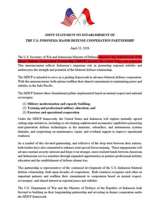 JUST IN - U.S. announces a defense partnership with Indonesia.Source: 