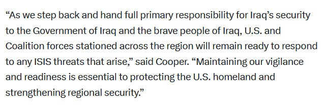 JUST IN - CENTCOM announces U.S. forces have now left and removed all equipment from Erbil Air Base, marking the end of Operation Inherent Resolve in Iraq.Source: 