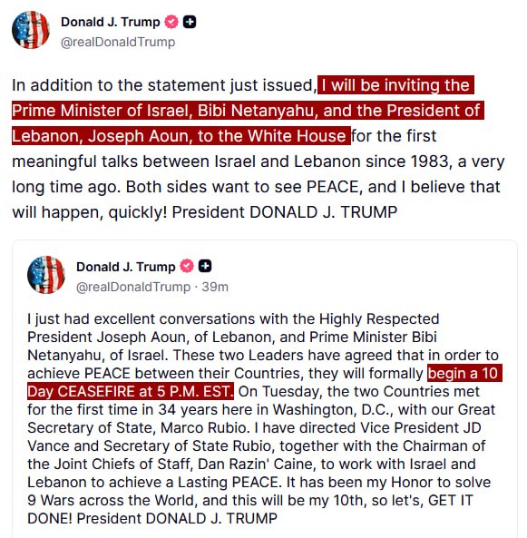 JUST IN - Trump invites Netanyahu and Lebanon's President to The White House for peace talks, after announcing a 10 day ceasefire beginning today at 5pm EST.@disclosetv