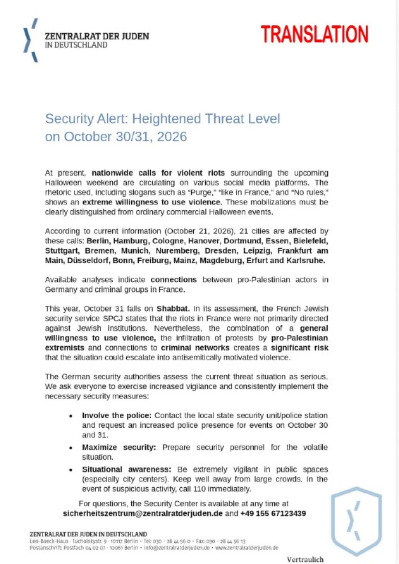 NEW - Central Council of Jews fears violence against Jews during Halloween protests, issues security alert for all major cities in Germany.@disclosetvNEW - Central Council of Jews fears violence against Jews during Halloween protests, issues security alert for all major cities in Germany.@disclosetv