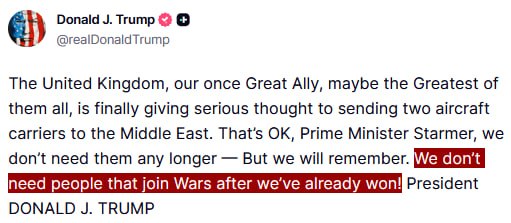 JUST IN - Trump tells Starmer that the U.S. doesn't need the UK's 2 aircraft carriers: 